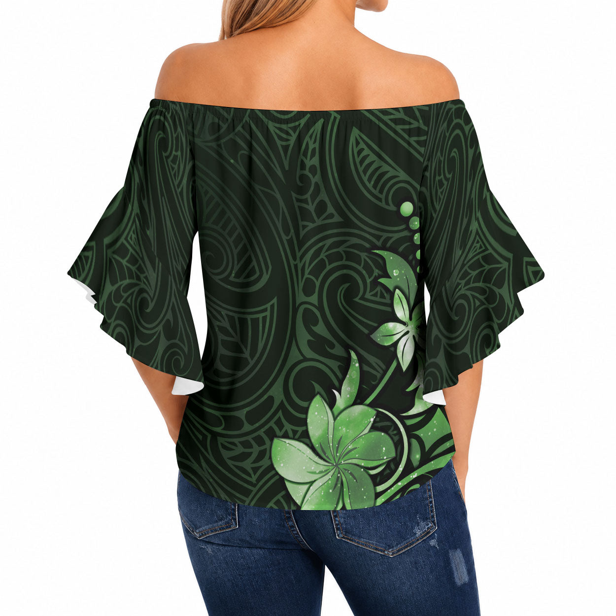 Matariki New Zealand Off Shoulder Wrap Waist Top Maori Pattern Green Galaxy