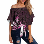 Matariki New Zealand Off Shoulder Wrap Waist Top Maori Pattern Pink Galaxy