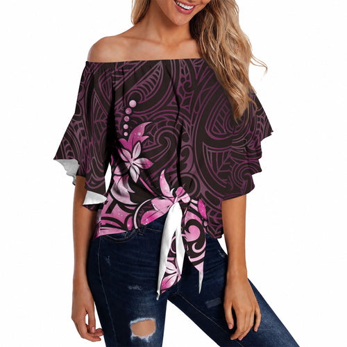 Matariki New Zealand Off Shoulder Wrap Waist Top Maori Pattern Pink Galaxy