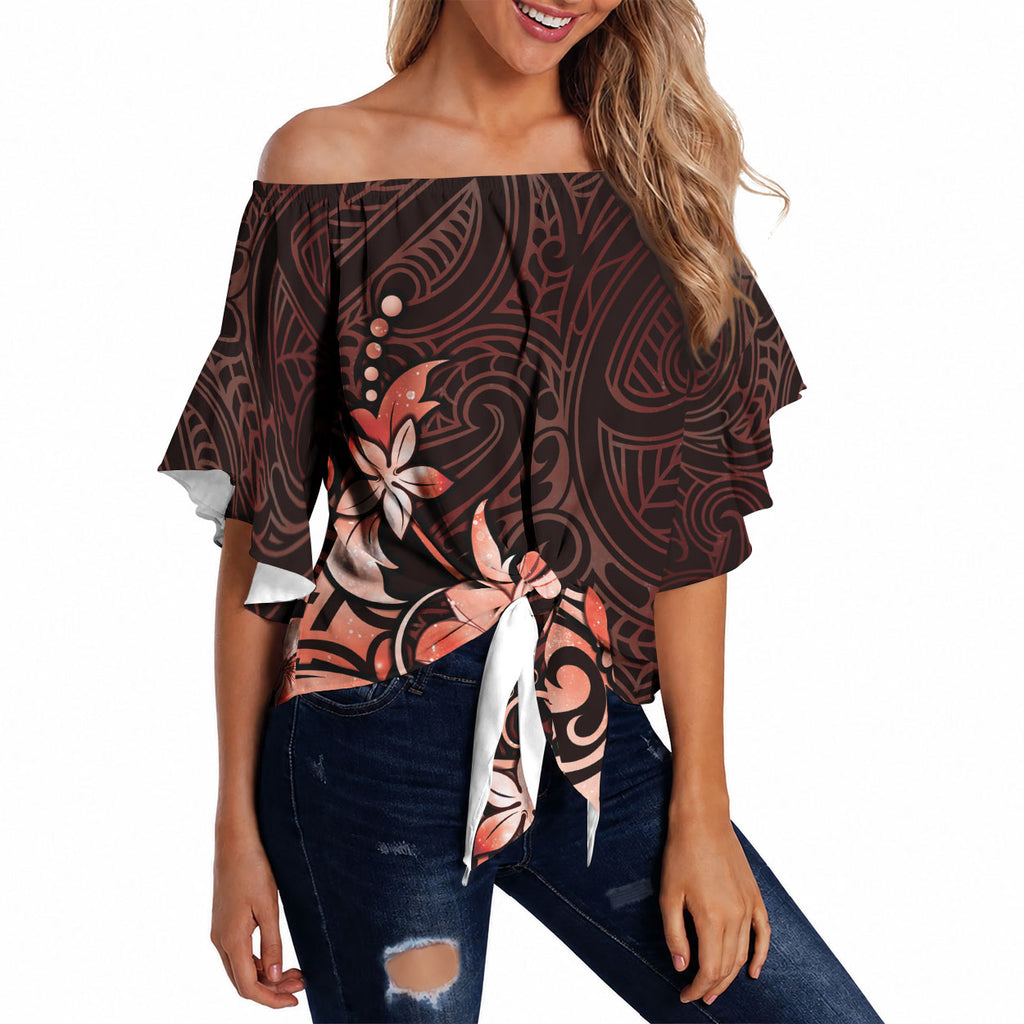 Matariki New Zealand Off Shoulder Wrap Waist Top Maori Pattern Red Galaxy