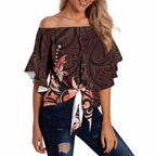 Matariki New Zealand Off Shoulder Wrap Waist Top Maori Pattern Red Galaxy