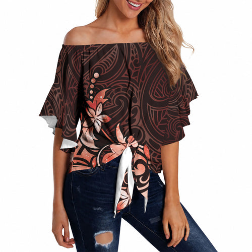 Matariki New Zealand Off Shoulder Wrap Waist Top Maori Pattern Red Galaxy