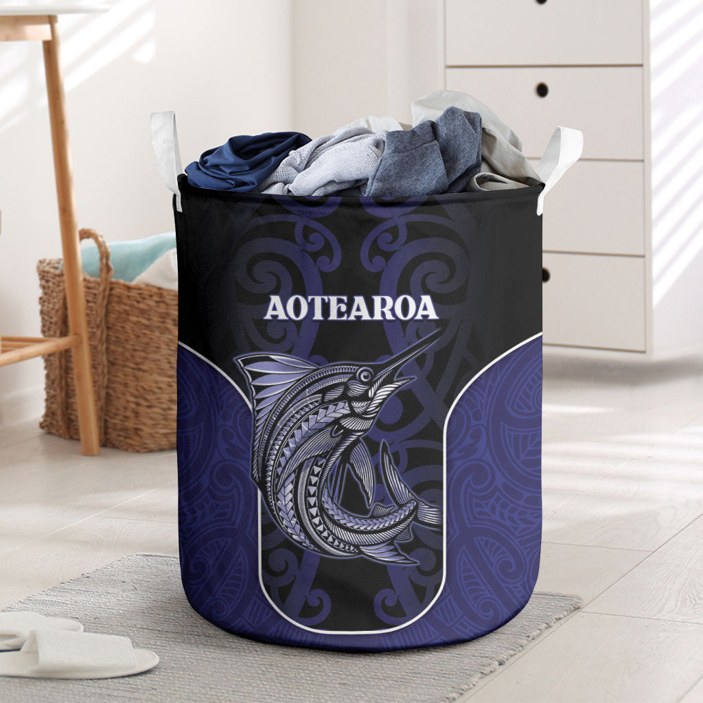 New Zealand Aotearoa Laundry Basket Blue Marlin Fishing Maori Pattern