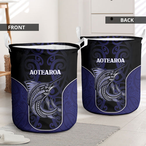 New Zealand Aotearoa Laundry Basket Blue Marlin Fishing Maori Pattern