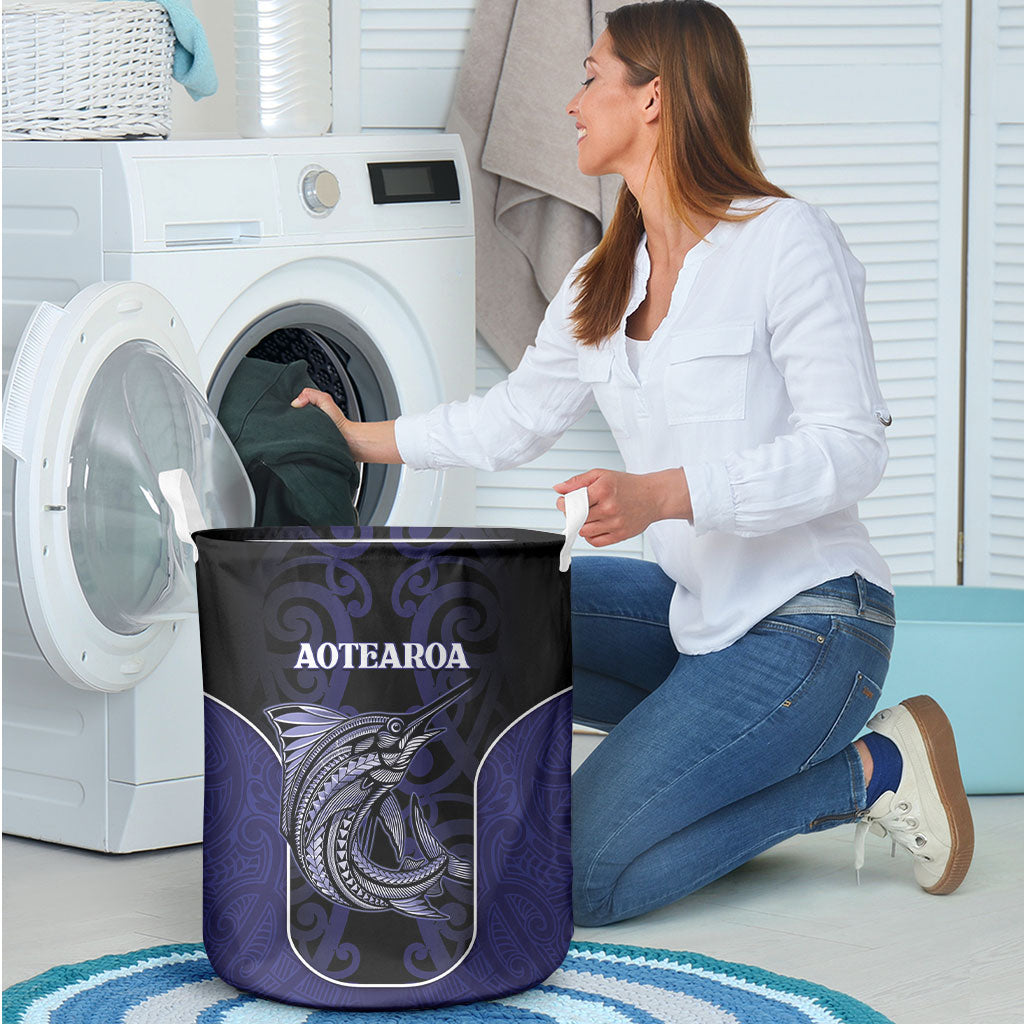 New Zealand Aotearoa Laundry Basket Blue Marlin Fishing Maori Pattern