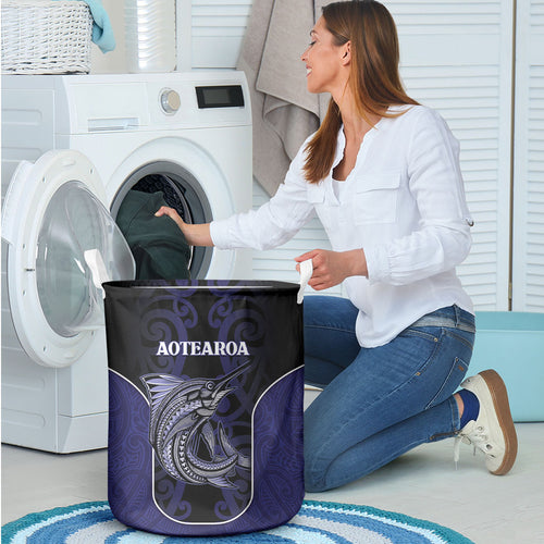 New Zealand Aotearoa Laundry Basket Blue Marlin Fishing Maori Pattern