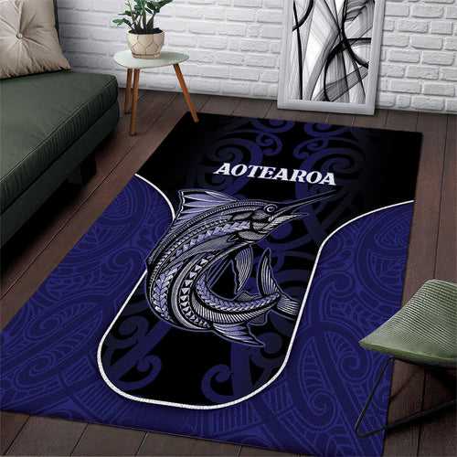 New Zealand Aotearoa Area Rug Blue Marlin Fishing Maori Pattern