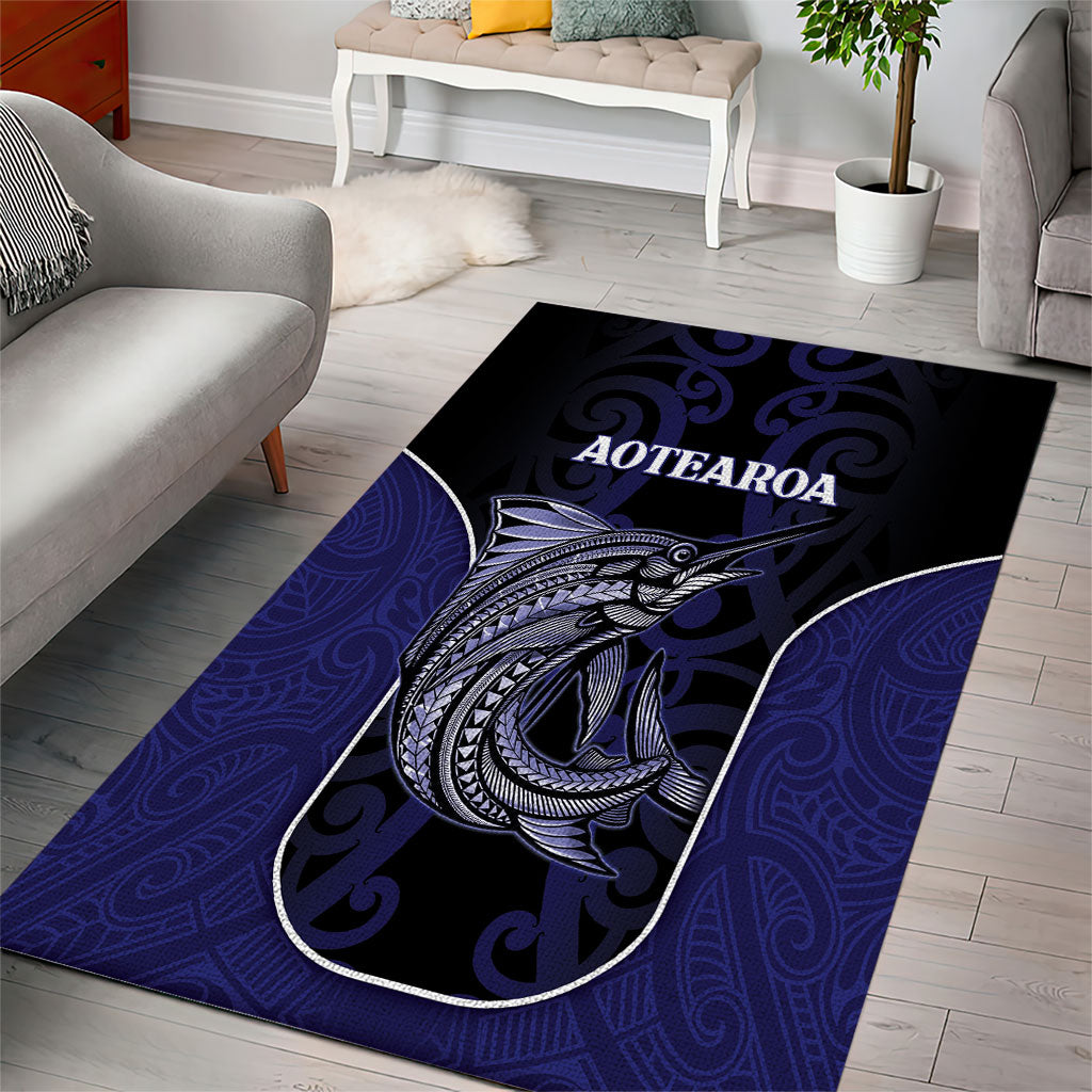 New Zealand Aotearoa Area Rug Blue Marlin Fishing Maori Pattern