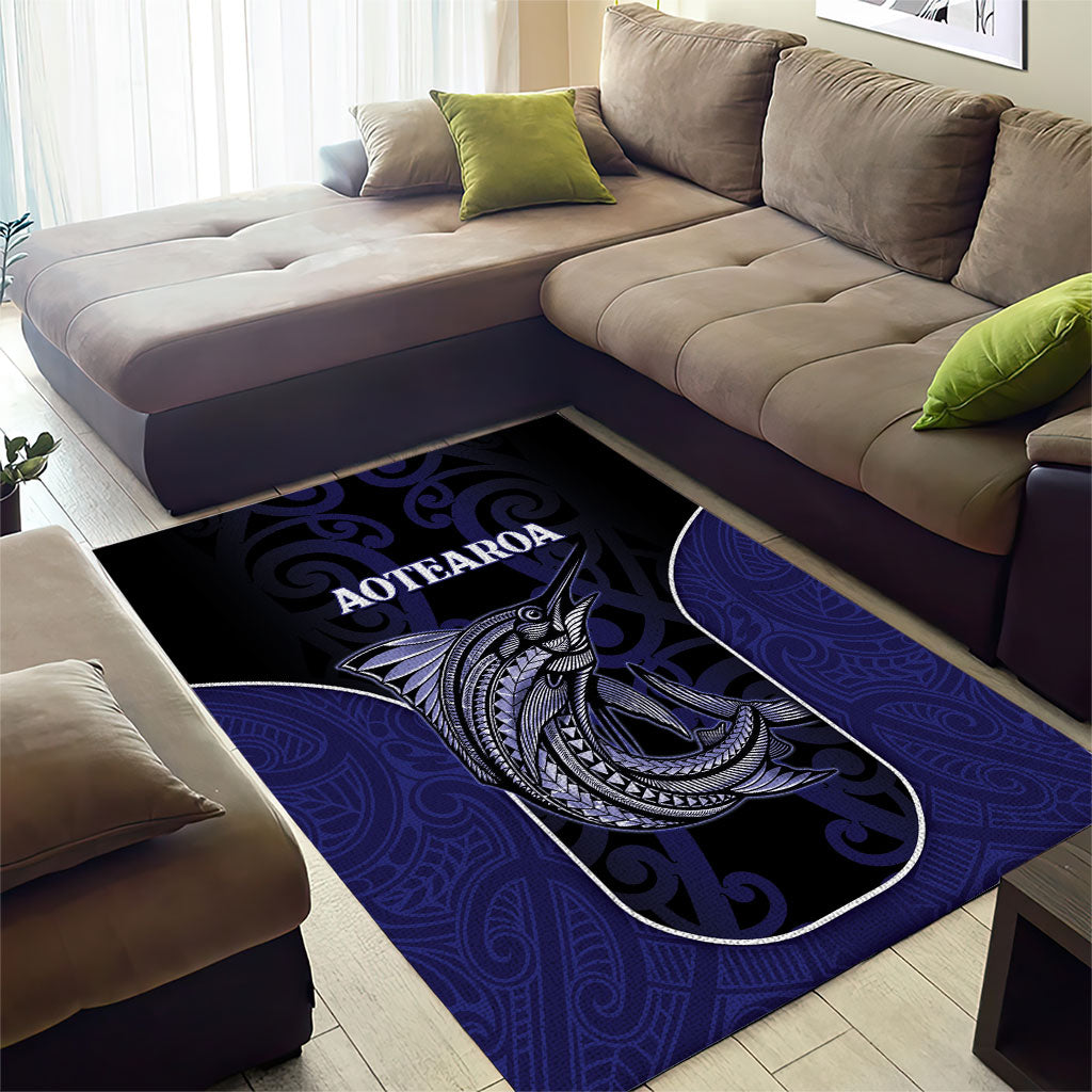 New Zealand Aotearoa Area Rug Blue Marlin Fishing Maori Pattern