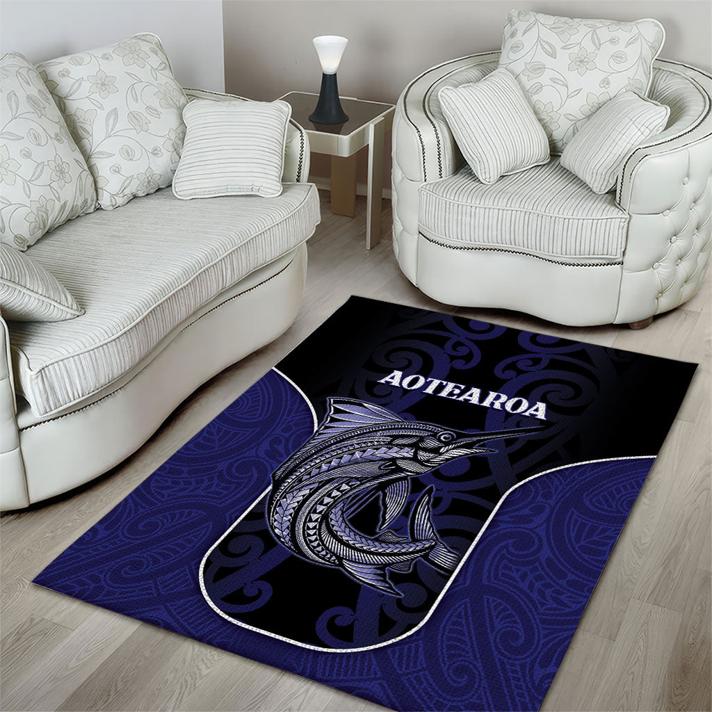 New Zealand Aotearoa Area Rug Blue Marlin Fishing Maori Pattern