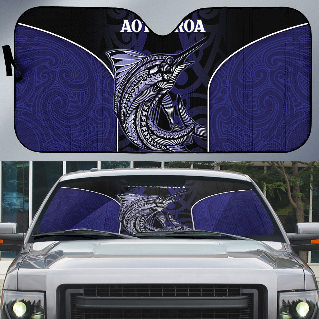 New Zealand Aotearoa Auto Sun Shade Blue Marlin Fishing Maori Pattern