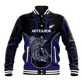 Personalised New Zealand Aotearoa Baseball Jacket Blue Marlin Fishing Maori Pattern