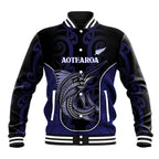 Personalised New Zealand Aotearoa Baseball Jacket Blue Marlin Fishing Maori Pattern