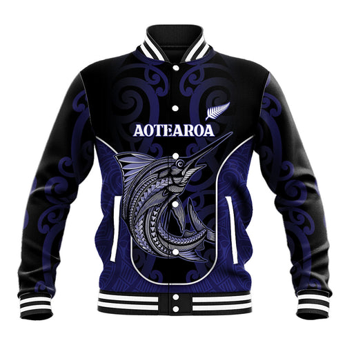 Personalised New Zealand Aotearoa Baseball Jacket Blue Marlin Fishing Maori Pattern