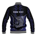 Personalised New Zealand Aotearoa Baseball Jacket Blue Marlin Fishing Maori Pattern