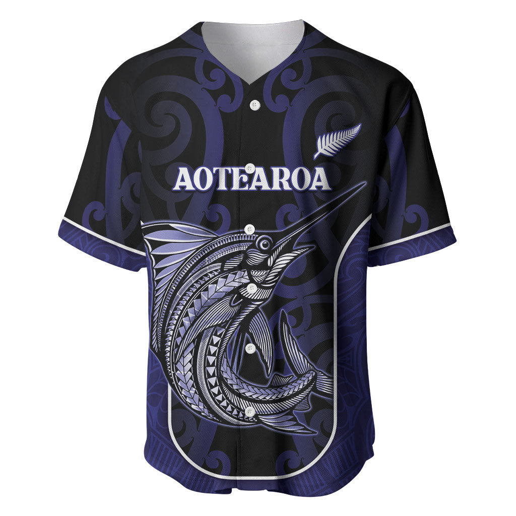 Personalised New Zealand Aotearoa Baseball Jersey Blue Marlin Fishing Maori Pattern