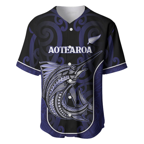 Personalised New Zealand Aotearoa Baseball Jersey Blue Marlin Fishing Maori Pattern