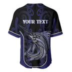 Personalised New Zealand Aotearoa Baseball Jersey Blue Marlin Fishing Maori Pattern