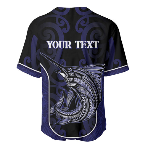 Personalised New Zealand Aotearoa Baseball Jersey Blue Marlin Fishing Maori Pattern