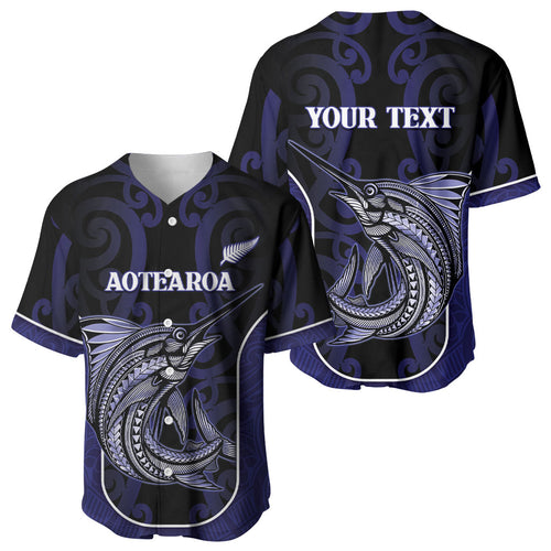 Personalised New Zealand Aotearoa Baseball Jersey Blue Marlin Fishing Maori Pattern