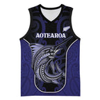 Personalised New Zealand Aotearoa Basketball Jersey Blue Marlin Fishing Maori Pattern