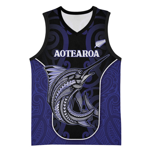 Personalised New Zealand Aotearoa Basketball Jersey Blue Marlin Fishing Maori Pattern