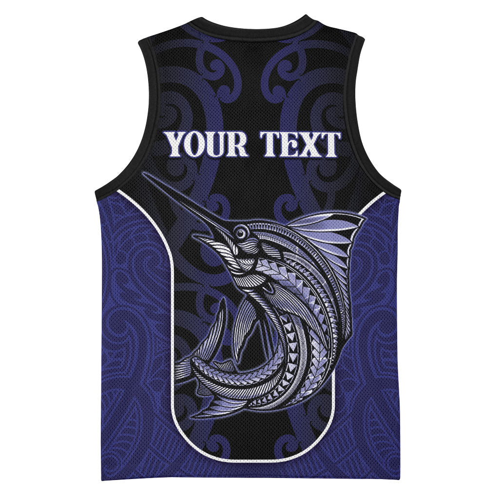 Personalised New Zealand Aotearoa Basketball Jersey Blue Marlin Fishing Maori Pattern