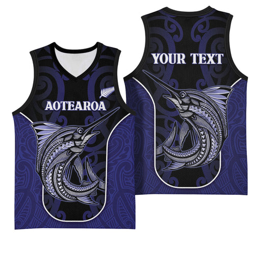 Personalised New Zealand Aotearoa Basketball Jersey Blue Marlin Fishing Maori Pattern