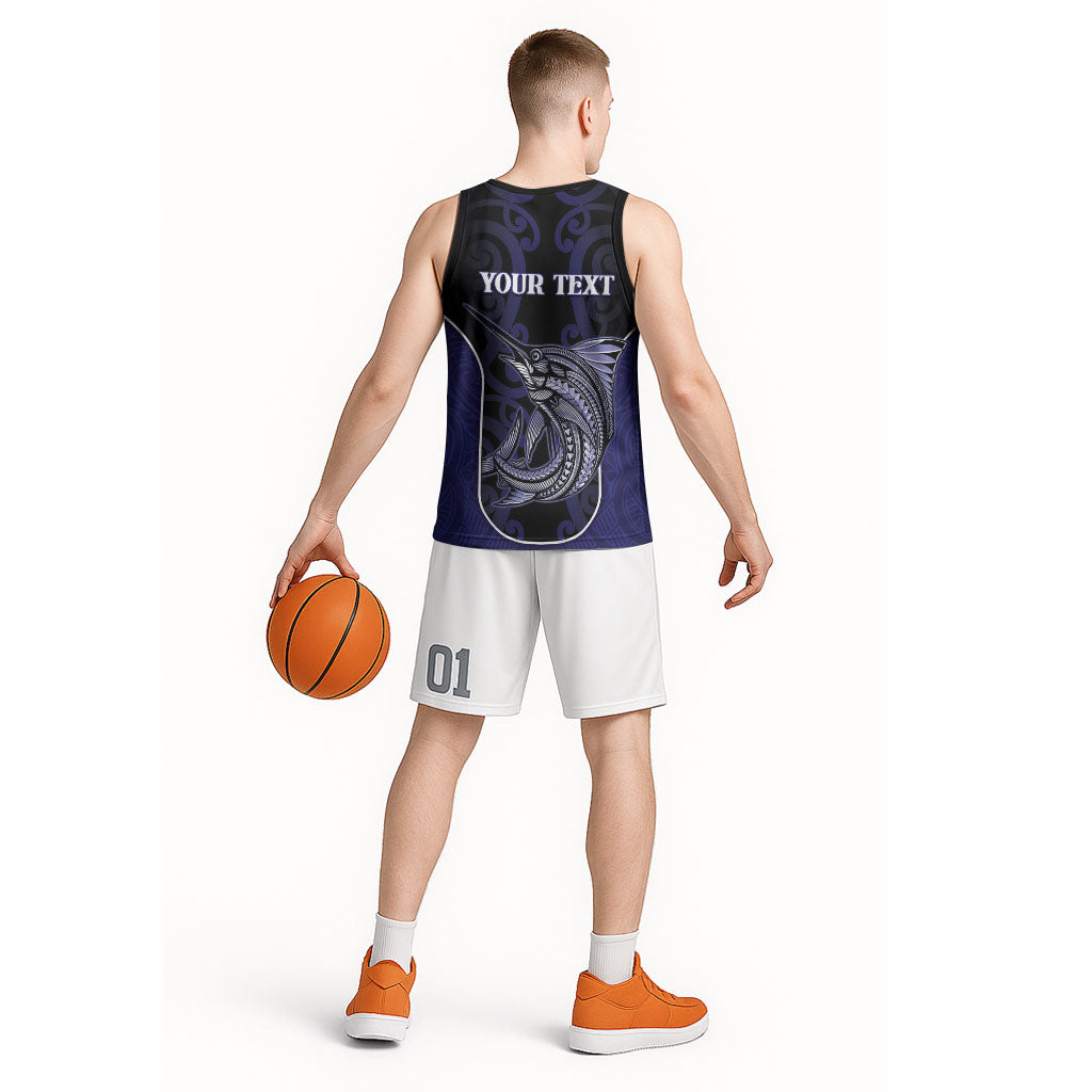 Personalised New Zealand Aotearoa Basketball Jersey Blue Marlin Fishing Maori Pattern