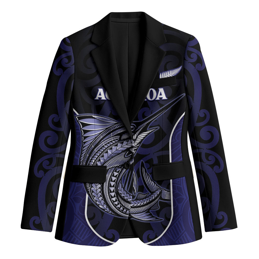 Personalised New Zealand Aotearoa Blazer Blue Marlin Fishing Maori Pattern