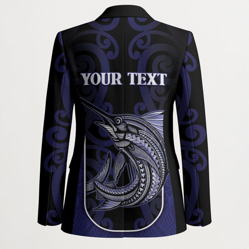 Personalised New Zealand Aotearoa Blazer Blue Marlin Fishing Maori Pattern