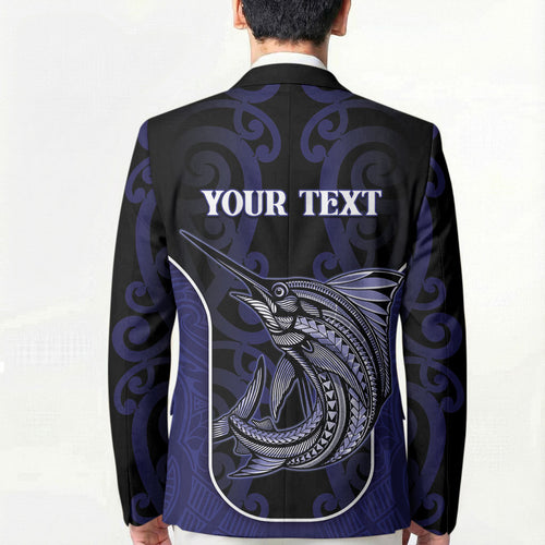 Personalised New Zealand Aotearoa Blazer Blue Marlin Fishing Maori Pattern
