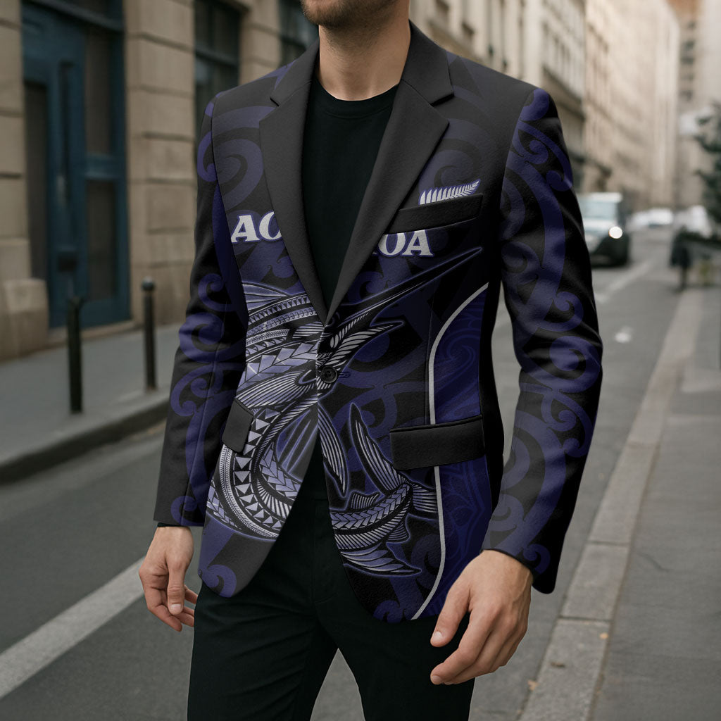 Personalised New Zealand Aotearoa Blazer Blue Marlin Fishing Maori Pattern