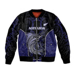 Personalised New Zealand Aotearoa Bomber Jacket Blue Marlin Fishing Maori Pattern