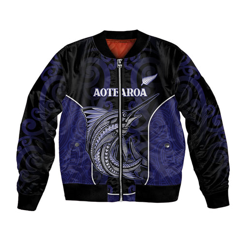 Personalised New Zealand Aotearoa Bomber Jacket Blue Marlin Fishing Maori Pattern