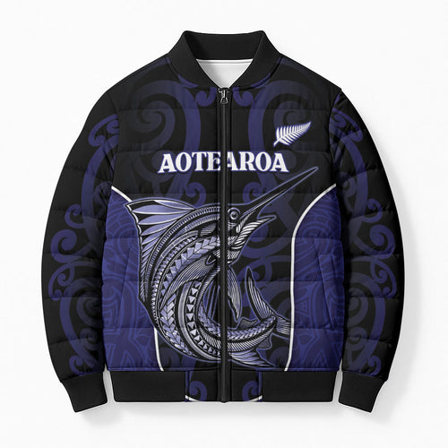 Personalised New Zealand Aotearoa Bomber Puffer Jacket Blue Marlin Fishing Maori Pattern