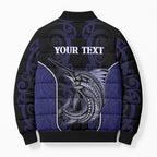 Personalised New Zealand Aotearoa Bomber Puffer Jacket Blue Marlin Fishing Maori Pattern