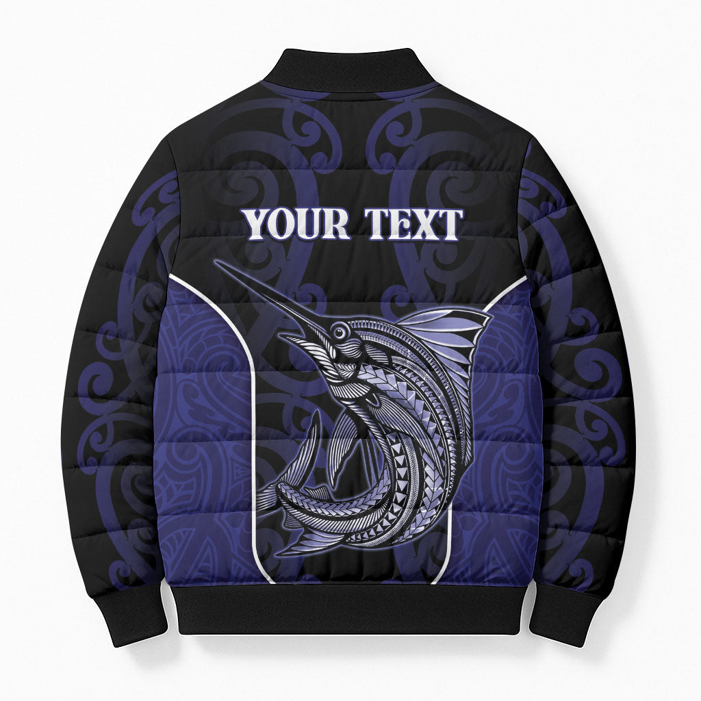 Personalised New Zealand Aotearoa Bomber Puffer Jacket Blue Marlin Fishing Maori Pattern
