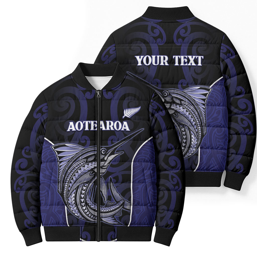 Personalised New Zealand Aotearoa Bomber Puffer Jacket Blue Marlin Fishing Maori Pattern