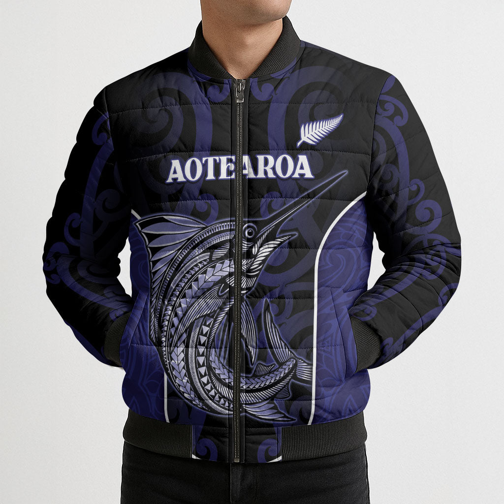 Personalised New Zealand Aotearoa Bomber Puffer Jacket Blue Marlin Fishing Maori Pattern