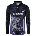 Personalised New Zealand Aotearoa Button Sweatshirt Blue Marlin Fishing Maori Pattern