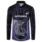 Personalised New Zealand Aotearoa Button Sweatshirt Blue Marlin Fishing Maori Pattern