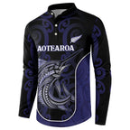 Personalised New Zealand Aotearoa Button Sweatshirt Blue Marlin Fishing Maori Pattern
