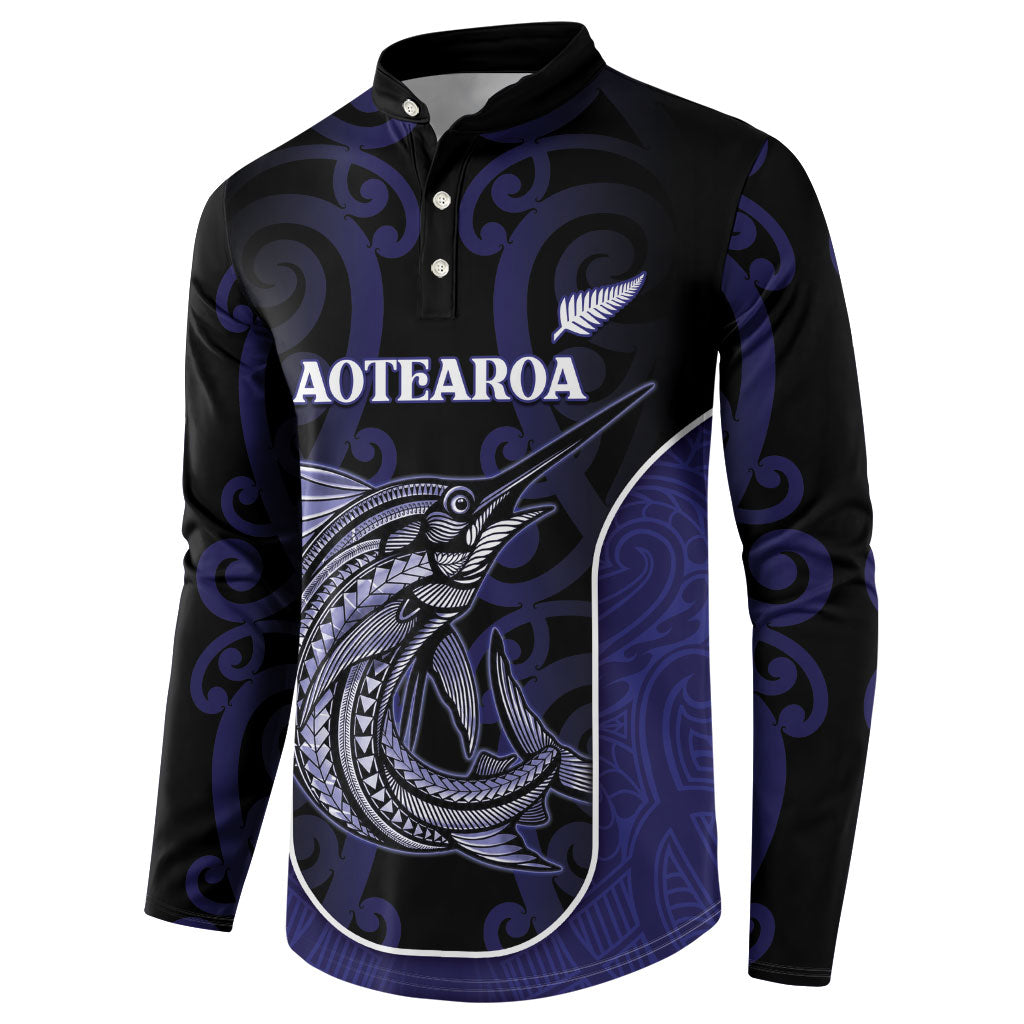 Personalised New Zealand Aotearoa Button Sweatshirt Blue Marlin Fishing Maori Pattern