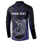 Personalised New Zealand Aotearoa Button Sweatshirt Blue Marlin Fishing Maori Pattern
