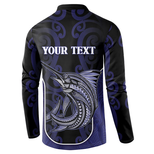 Personalised New Zealand Aotearoa Button Sweatshirt Blue Marlin Fishing Maori Pattern