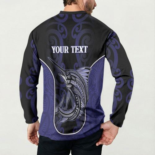 Personalised New Zealand Aotearoa Button Sweatshirt Blue Marlin Fishing Maori Pattern
