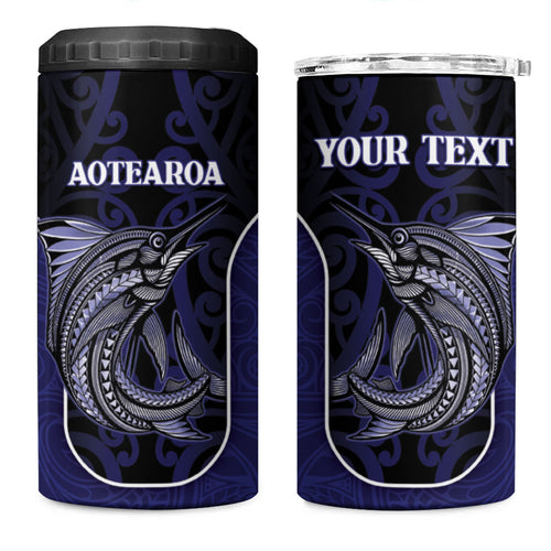 Personalised New Zealand Aotearoa 4 in 1 Can Cooler Tumbler Blue Marlin Fishing Maori Pattern