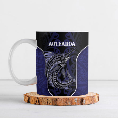 Personalised New Zealand Aotearoa Ceramic Mug Blue Marlin Fishing Maori Pattern