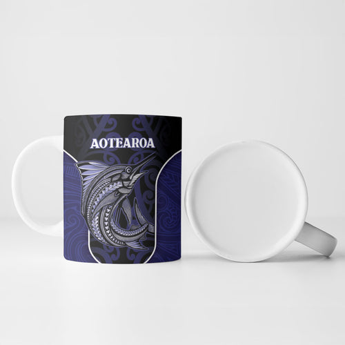 Personalised New Zealand Aotearoa Ceramic Mug Blue Marlin Fishing Maori Pattern